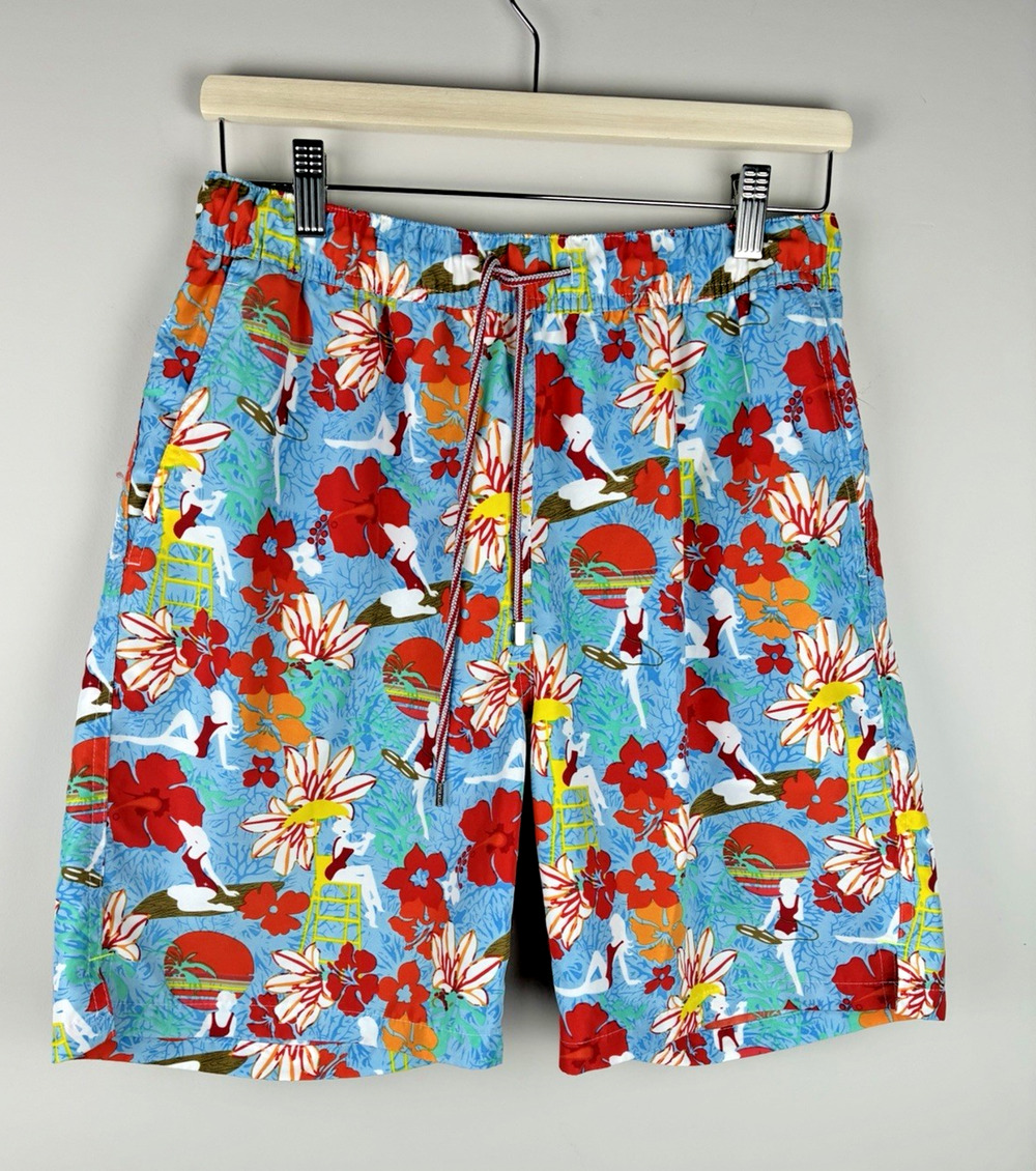 Peter Millar Mens M Floral Swim Trunks Blue Tropical Board Shorts Mesh Lined